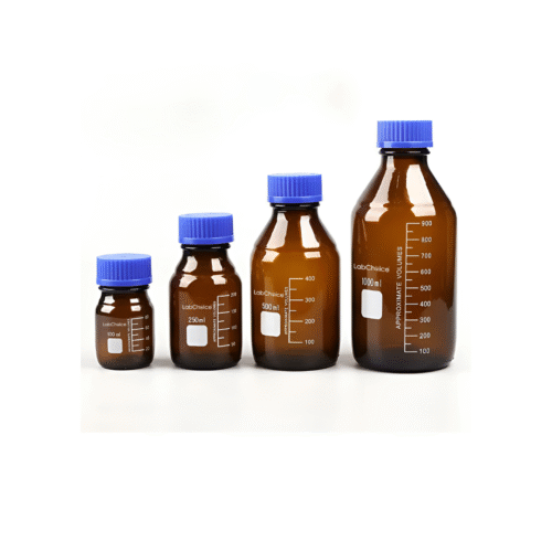 Amber reagent bottle with narrow mouth, graduated markings, and screw cap made from borosilicate glass (BORO 3.3), LabChoice Australia