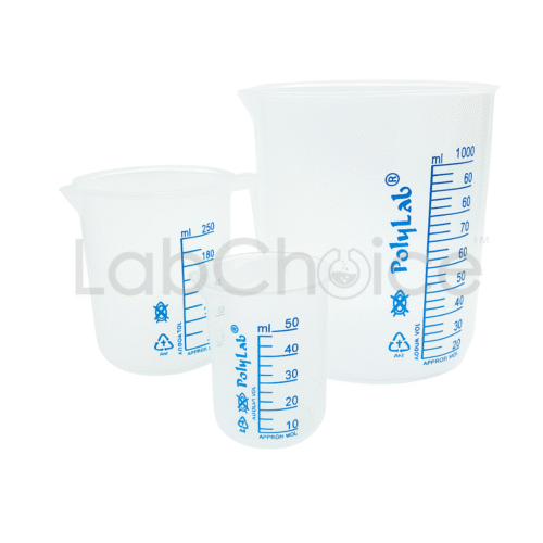 Polypropylene beaker with blue printed graduations, autoclavable laboratory beaker.