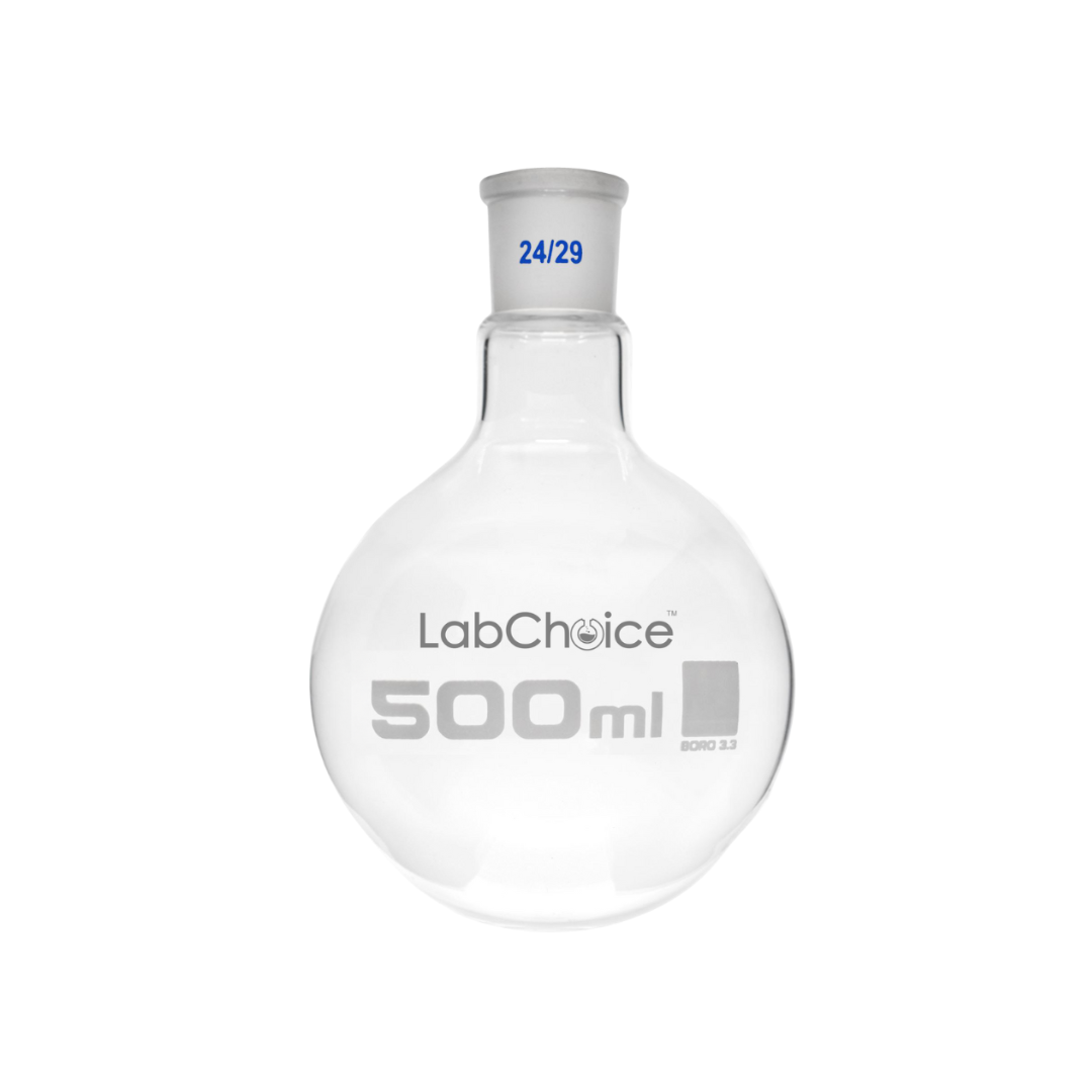 Boiling flask flat bottom with socket joint and short neck, borosilicate glass, LabChoice Australia