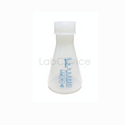 Conical flask made from polypropylene with a threaded screw cap, secure seal design, for laboratory storage and mixing, LabChoice Australia.