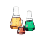 Erlenmeyer conical flask with wide neck made of durable borosilicate glass (BORO 3.3), used for laboratory mixing, heating, and storage applications.