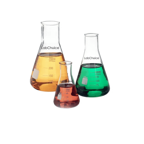 Erlenmeyer conical flask with wide neck made of durable borosilicate glass (BORO 3.3), used for laboratory mixing, heating, and storage applications.