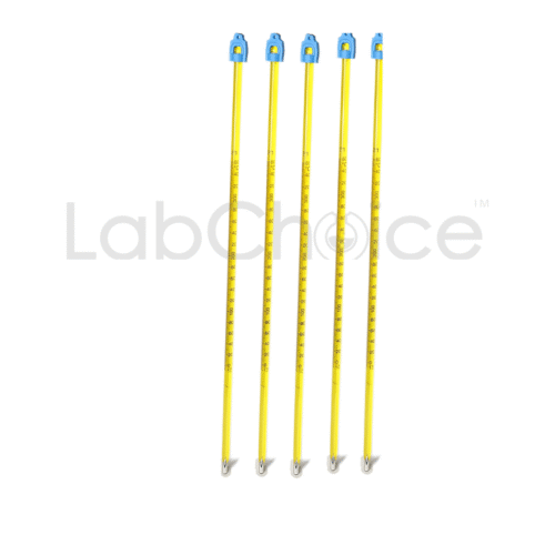 Glass thermometer with mercury for precise laboratory temperature measurement.