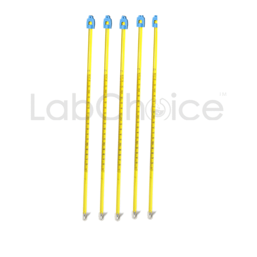 Glass thermometer with mercury and yellow back, available in 300 mm and 600 mm sizes for laboratory use.