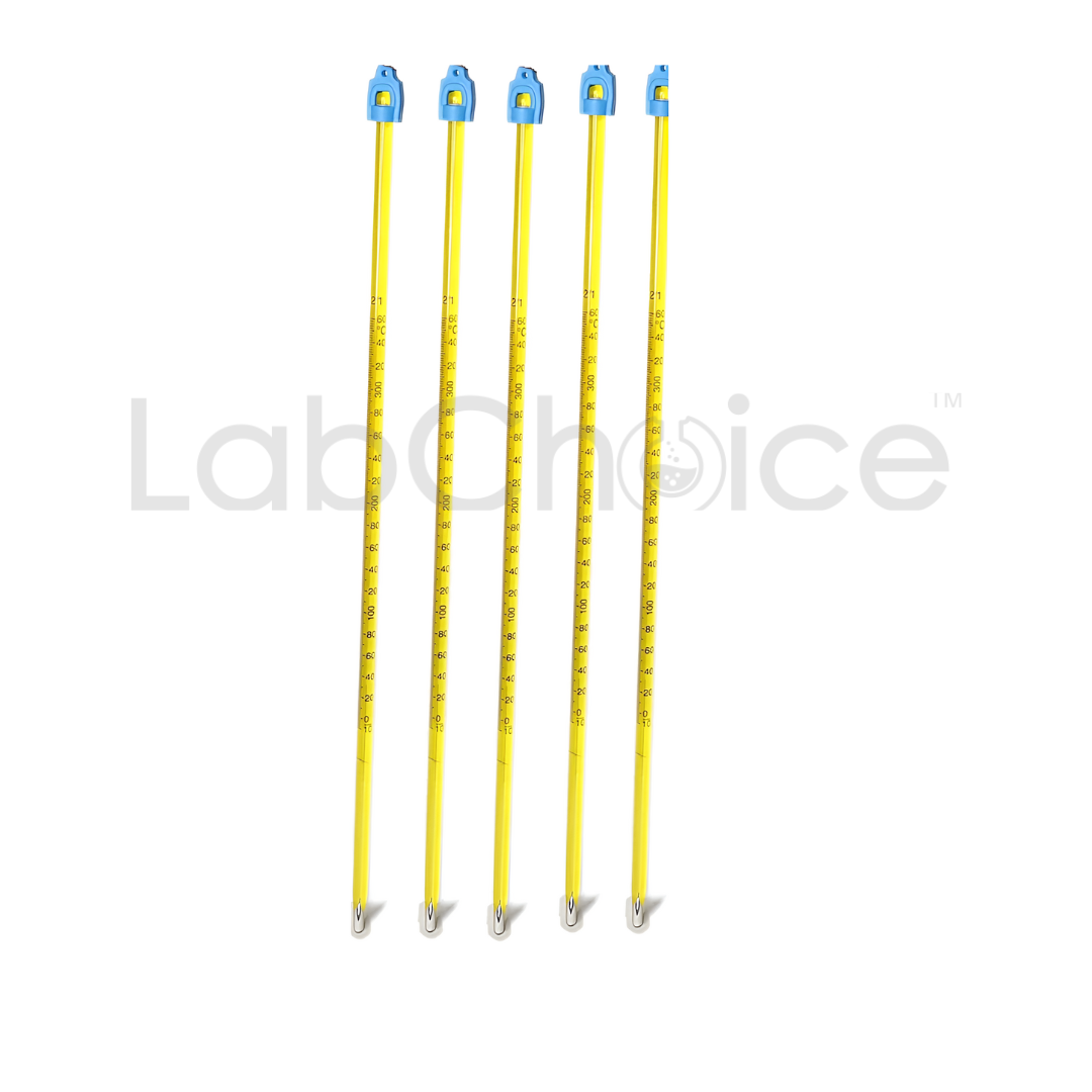Glass thermometer with mercury and yellow back, available in 300 mm and 600 mm sizes for laboratory use.