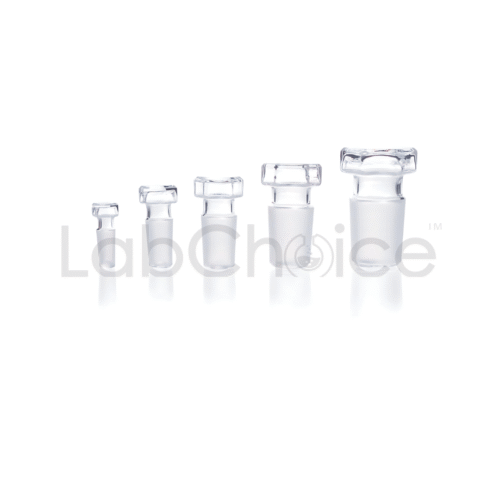 Hollow glass stoppers made from borosilicate glass for laboratory flasks and bottles.