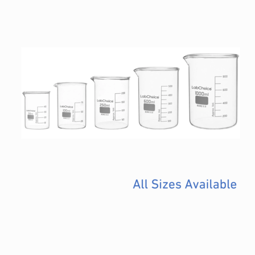 Laboratory beaker low form, graduated with spout, borosilicate glass BORO 3.3, heat and chemical resistant, LabChoice Australia