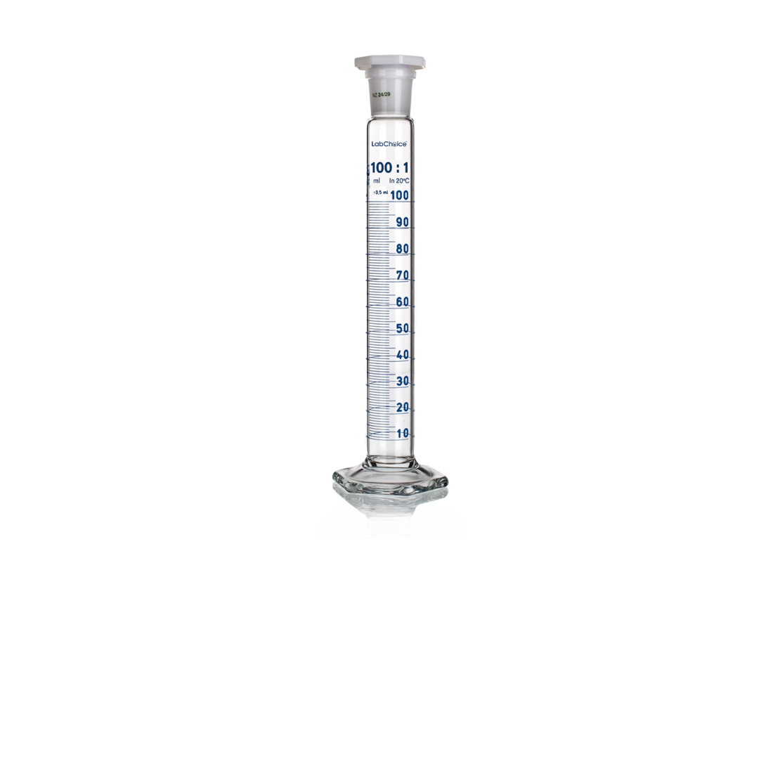 Measuring cylinder Class A with interchangeable stopper and round base, borosilicate glass BORO 3.3, LabChoice Australia