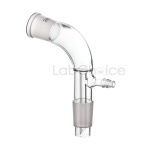 Receiver bent adapter with vacuum connection—bent borosilicate glass adapter featuring ground-glass joints and a sidearm for vacuum attachment.