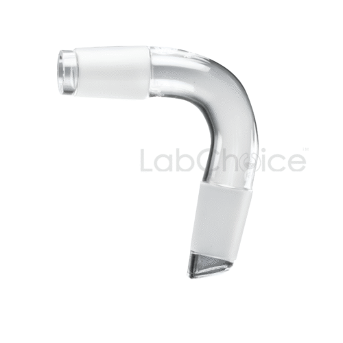 Recovery bend adapter with sloping elbow end—bent borosilicate glass adapter with a ground‑glass joint and downward‑sloping tip.