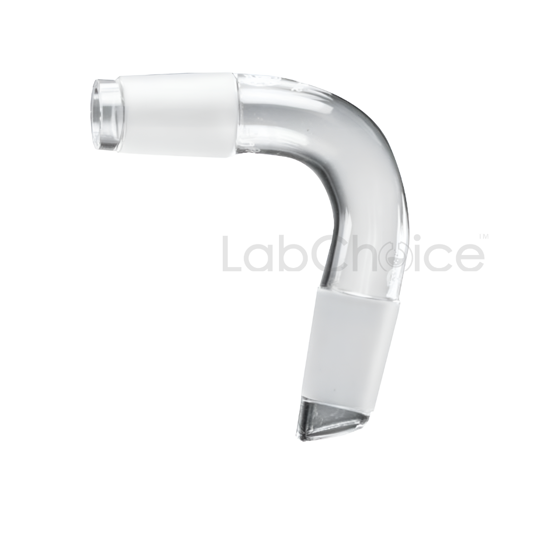 Recovery bend adapter with sloping elbow end—bent borosilicate glass adapter with a ground‑glass joint and downward‑sloping tip.