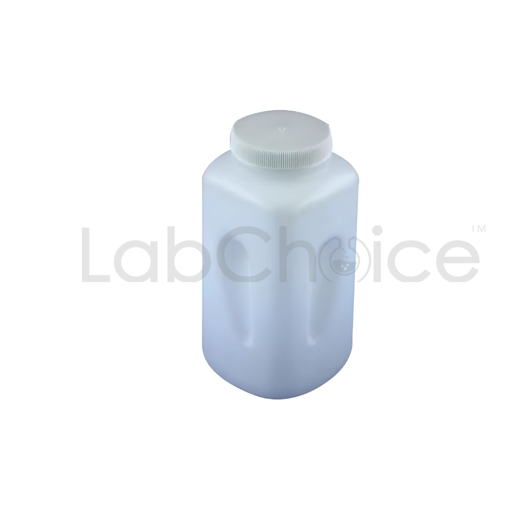 Square laboratory bottle made of polypropylene with wide mouth opening