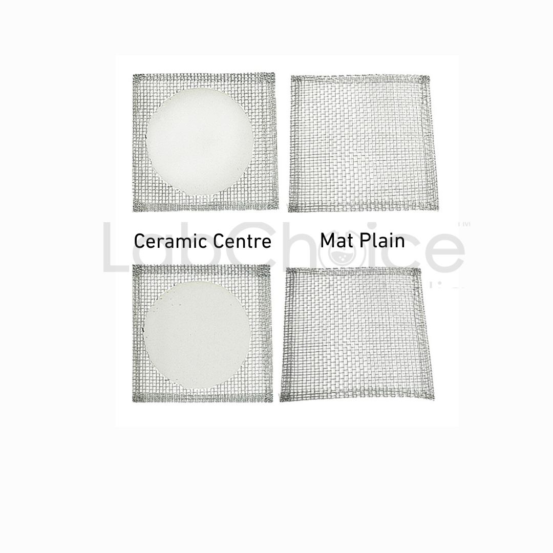 Wire Gauze Mat 150mm single piece, lab-grade steel mesh with ceramic centre for uniform heat distribution on tripod stands, supplied by LabChoice Australia.