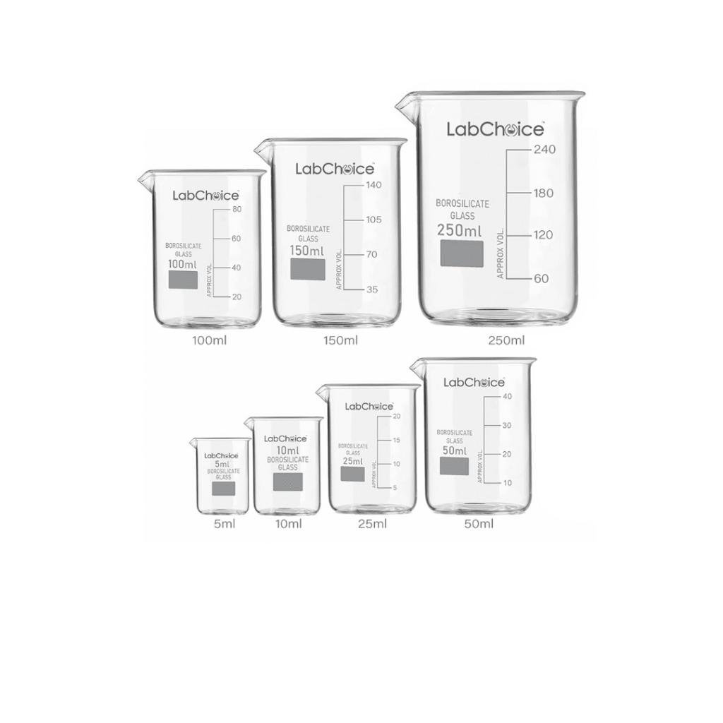 7 Pcs Beaker Kit made from BORO 3.3 borosilicate glass by LabChoice Australia – durable, heat-resistant laboratory beaker set for research and education use