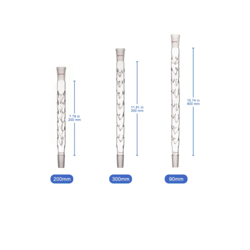 Vigreux Fractionating Distillation Column made from high-quality borosilicate glass (BORO 3.3), featuring multiple indentations for efficient vapor-liquid contact and precise separation during fractional distillation.