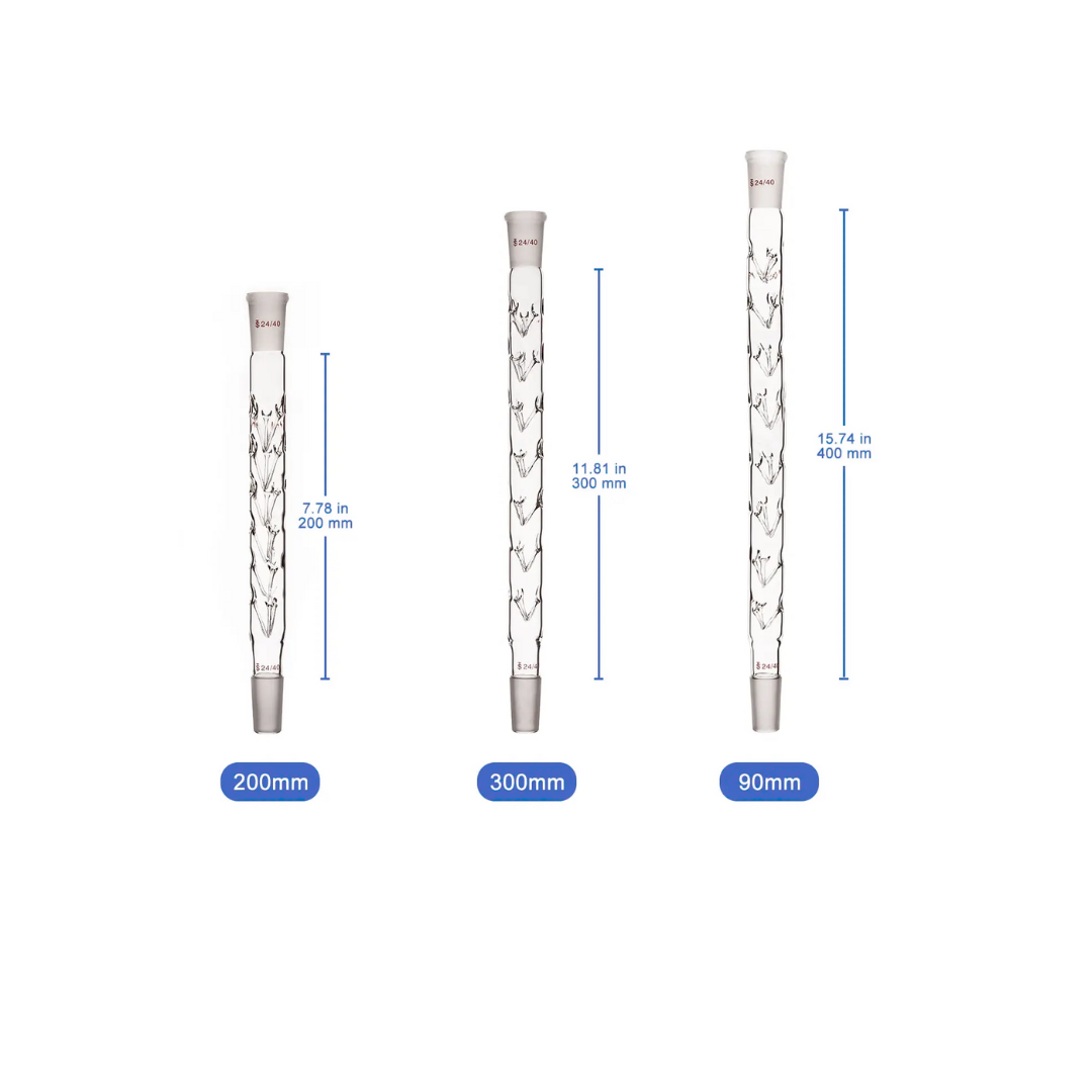 Vigreux Fractionating Distillation Column made from high-quality borosilicate glass (BORO 3.3), featuring multiple indentations for efficient vapor-liquid contact and precise separation during fractional distillation.