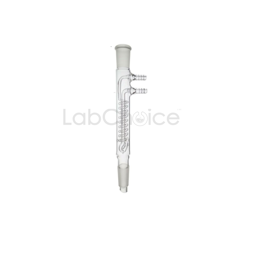Dimroth coil condenser with double-spiral internal cooling coil made from BORO 3.3 borosilicate glass for high-efficiency reflux and distillation – LabChoice Australia.