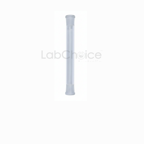 Borosilicate glass extension adapter for laboratory glassware assemblies, used to extend joint connections in distillation or reflux setups, LabChoice Australia.