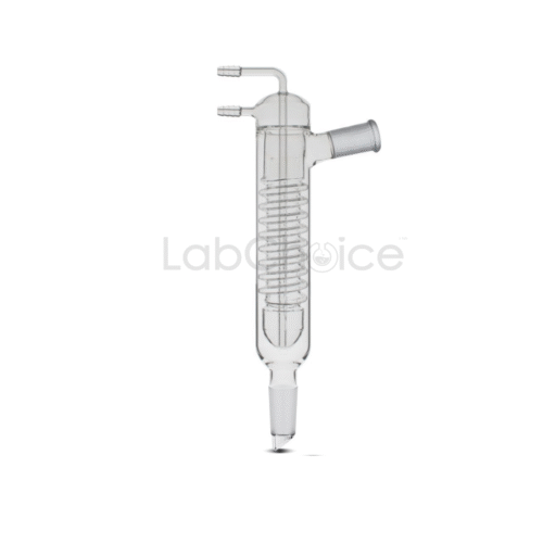 Friedrichs condenser made from BORO 3.3 borosilicate glass by LabChoice Australia with internal spiral coil for high efficiency vapour cooling during reflux and distillation.Friedrichs condenser made from BORO 3.3 borosilicate glass by LabChoice Australia with internal spiral coil for high efficiency vapour cooling during reflux and distillation.