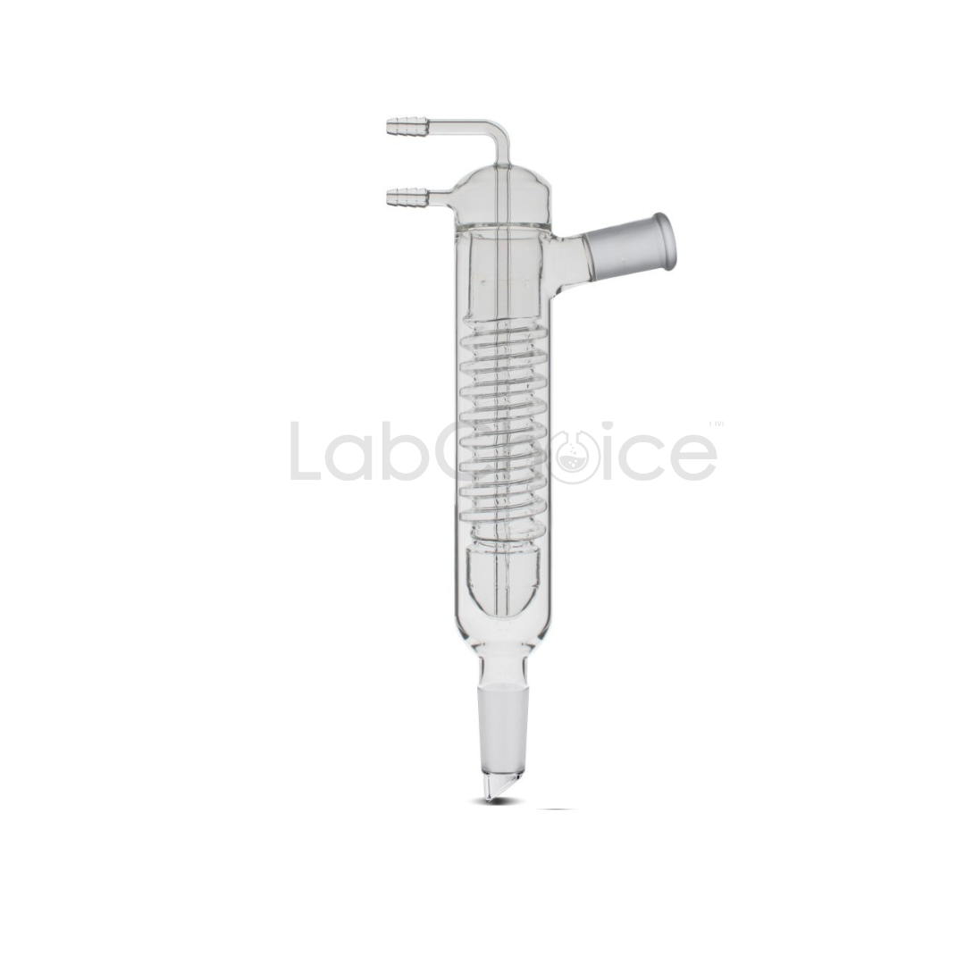 Friedrichs condenser made from BORO 3.3 borosilicate glass by LabChoice Australia with internal spiral coil for high efficiency vapour cooling during reflux and distillation.Friedrichs condenser made from BORO 3.3 borosilicate glass by LabChoice Australia with internal spiral coil for high efficiency vapour cooling during reflux and distillation.