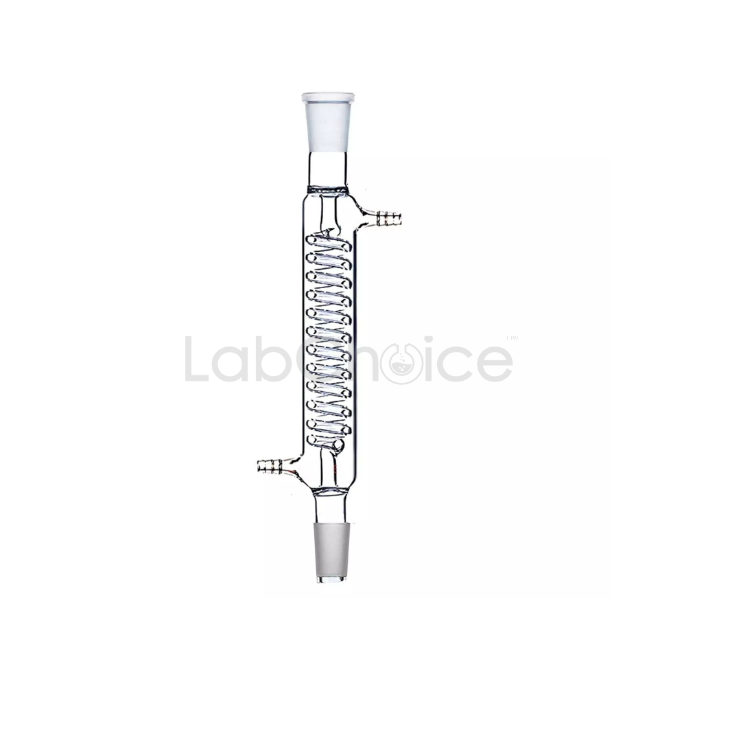 Graham coil condenser with internal spiral cooling coil made from BORO 3.3 borosilicate glass for high-efficiency condensation – LabChoice Australia.