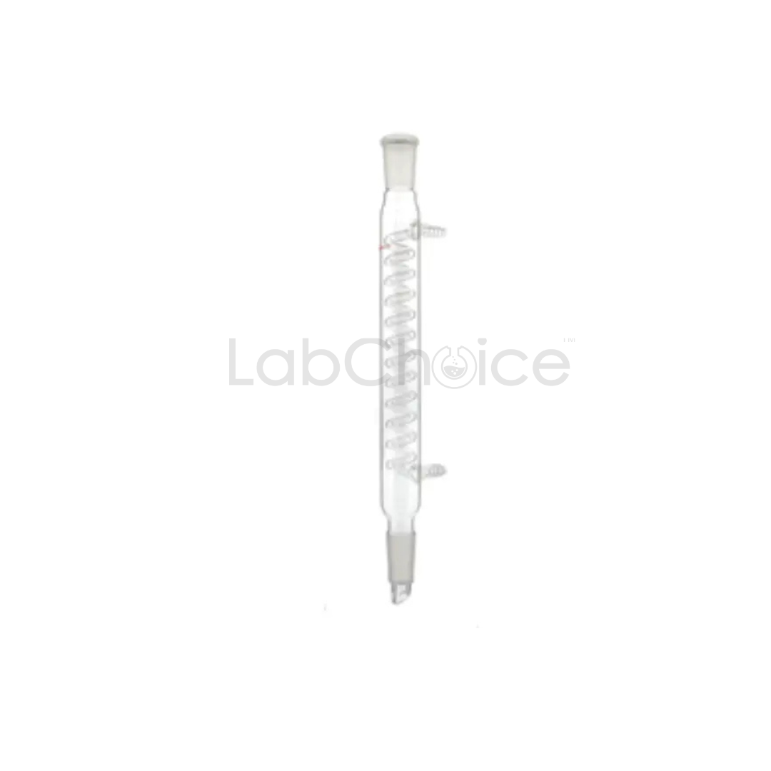 Graham reflux condenser made from BORO 3.3 borosilicate glass with internal spiral coil for high efficiency cooling, supplied by LabChoice Australia.
