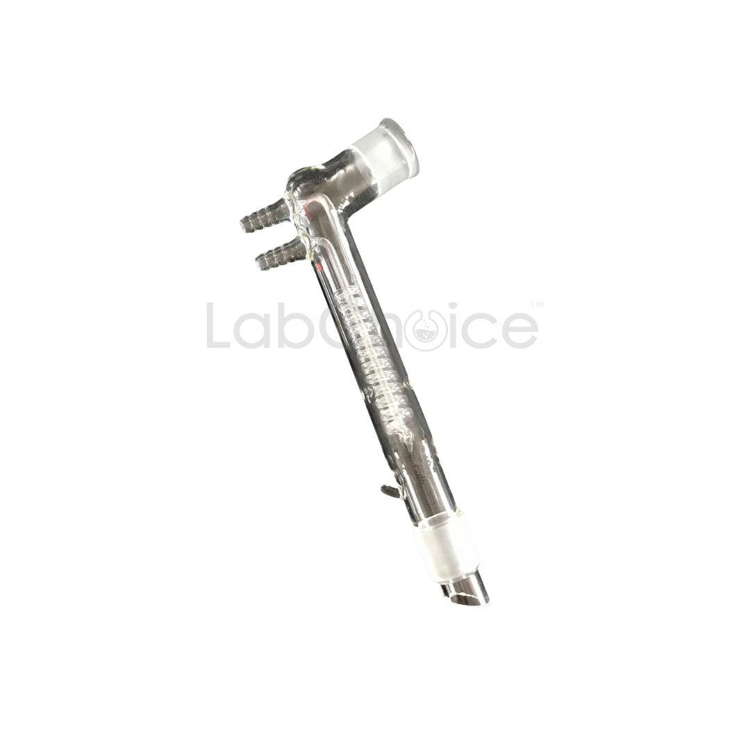 Angled reflux condenser made from BORO 3.3 borosilicate glass by LabChoice Australia, designed for efficient vapour cooling and continuous reflux in chemical reactions.
