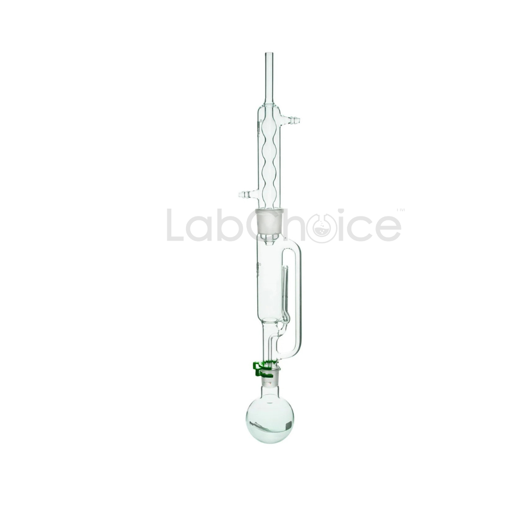 Soxhlet extraction set with coil condenser made from BORO 3.3 glass by LabChoice Australia, complete apparatus for continuous solvent extraction.