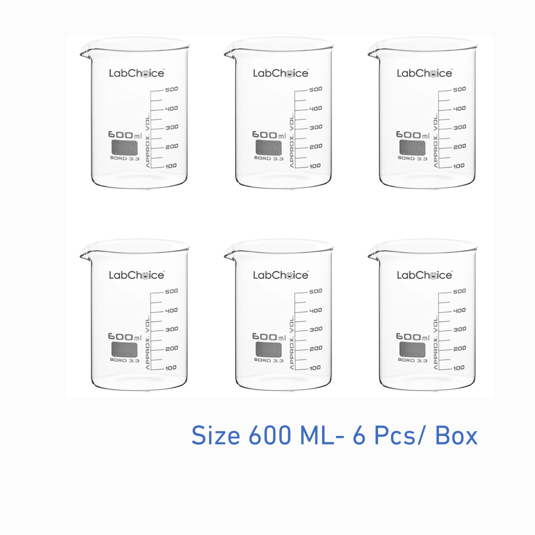 600 mL laboratory beaker, low form, borosilicate glass BORO 3.3, 6 piece pack, LabChoice Australia