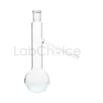 Distilling flask with side arm and jointed neck made from BORO 3.3 borosilicate glass for laboratory distillation setups.