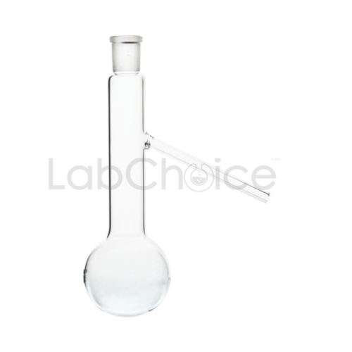 Distilling flask with side arm and jointed neck made from BORO 3.3 borosilicate glass for laboratory distillation setups.