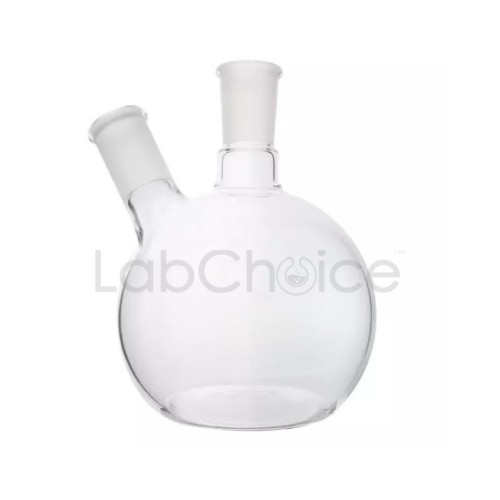 Flat bottom flask with two jointed necks made from BORO 3.3 borosilicate glass, laboratory reaction and distillation glassware supplied by LabChoice Australia.
