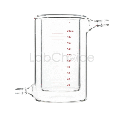 Jacketed reaction beaker double wall borosilicate glass with hose connectors for controlled heating and cooling, LabChoice Australia.