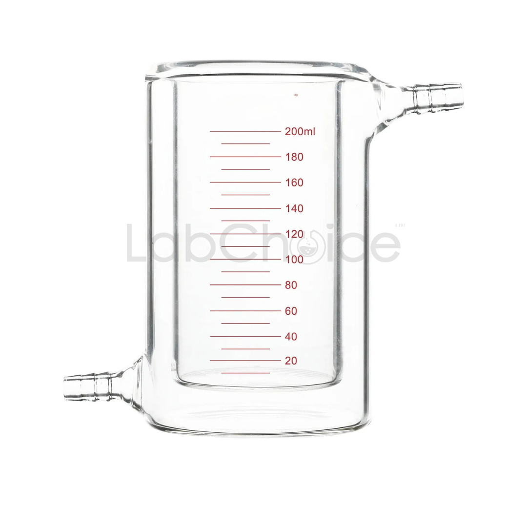 Jacketed reaction beaker double wall borosilicate glass with hose connectors for controlled heating and cooling, LabChoice Australia.