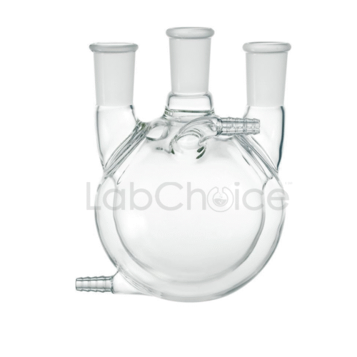 Jacketed round bottom double wall flask for distillation made from borosilicate glass BORO 3.3 by LabChoice Australia with inlet and outlet ports for precise thermal control in laboratory distillation and reflux systems.