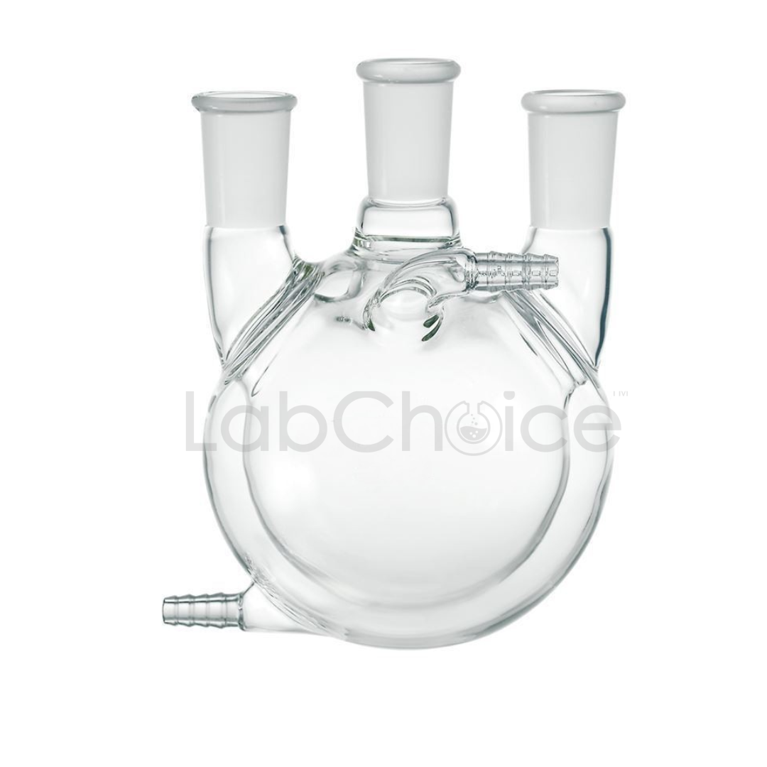 Jacketed round bottom double wall flask for distillation made from borosilicate glass BORO 3.3 by LabChoice Australia with inlet and outlet ports for precise thermal control in laboratory distillation and reflux systems.