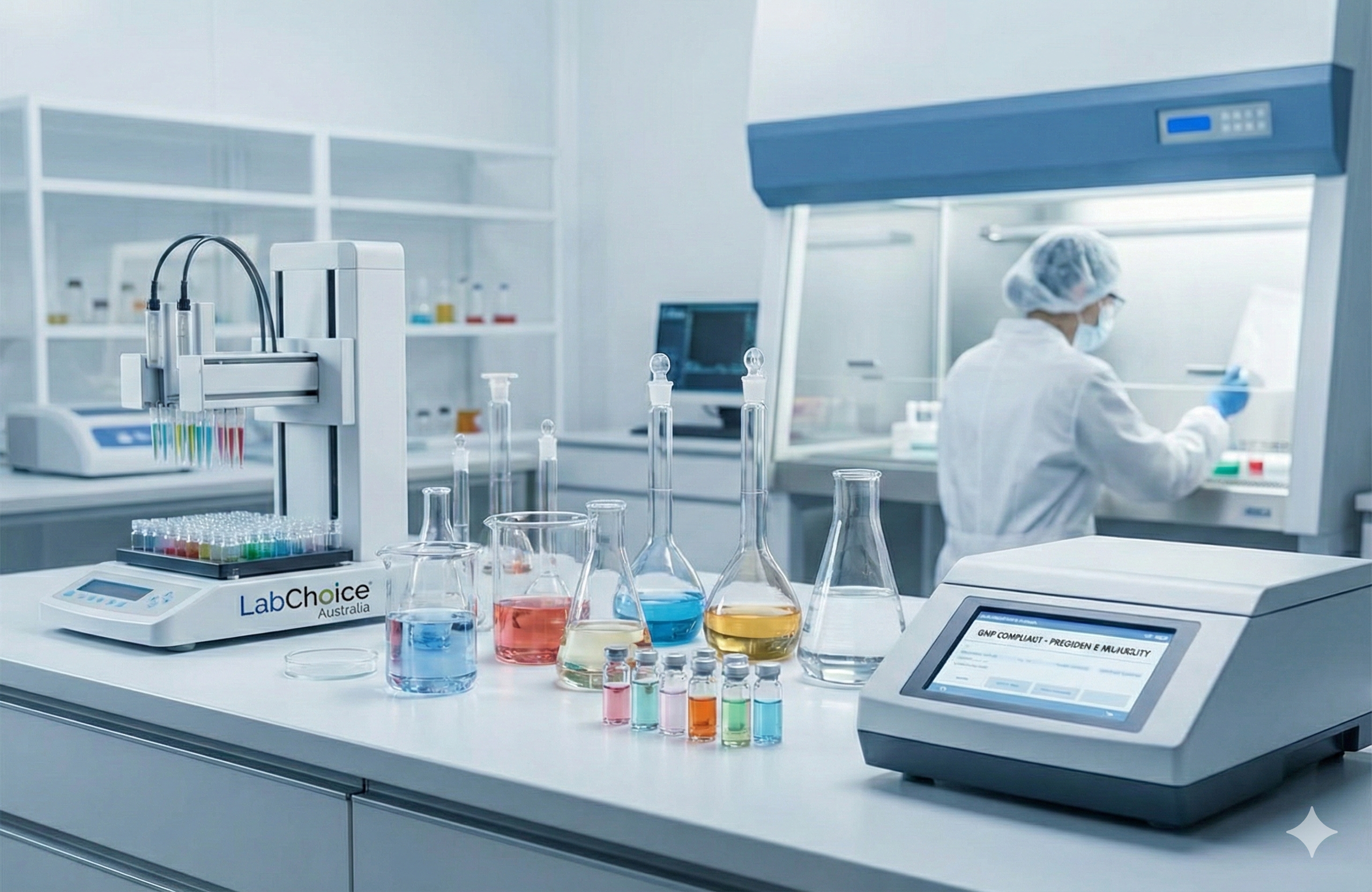 Pharmaceutical laboratory using LabChoice Australia laboratory glassware for drug research, quality control, and GMP testing