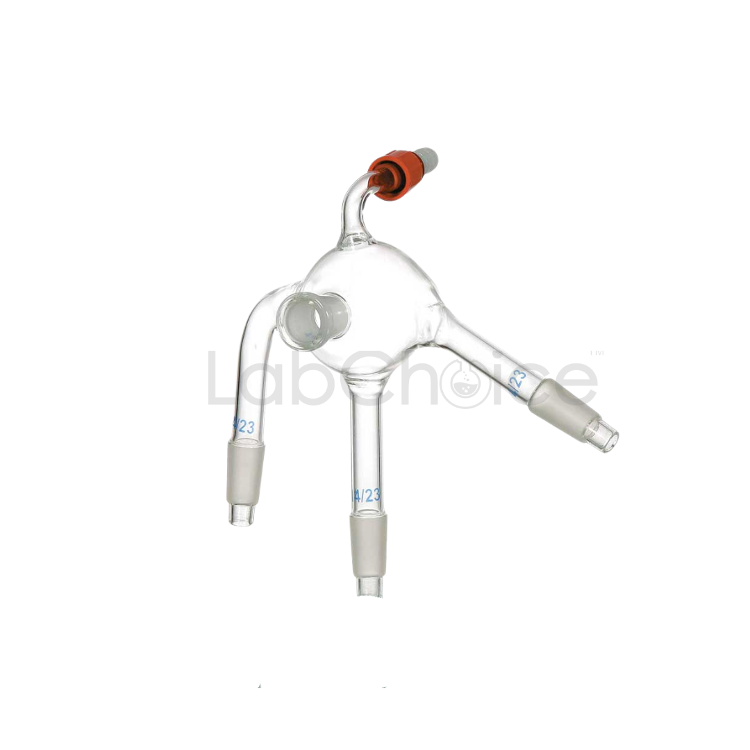Multiple connection glass bend adapter (PIG type) made from BORO 3.3 borosilicate glass, laboratory grade component for complex distillation and reaction assemblies by LabChoice Australia