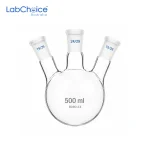 Three neck jointed round bottom flask made from borosilicate glass by LabChoice Australia for synthesis and distillation