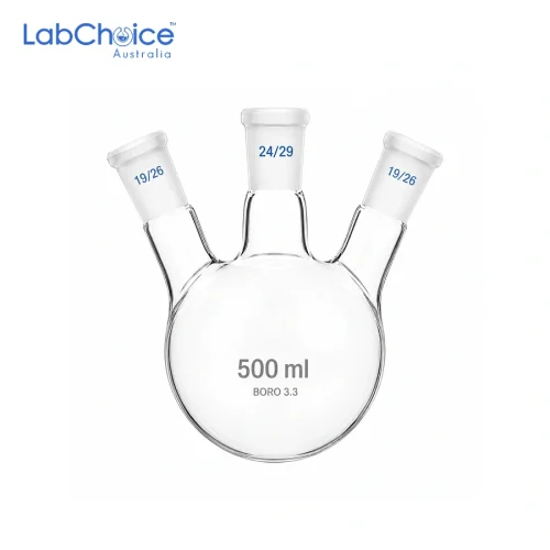 Three neck jointed round bottom flask made from borosilicate glass by LabChoice Australia for synthesis and distillation