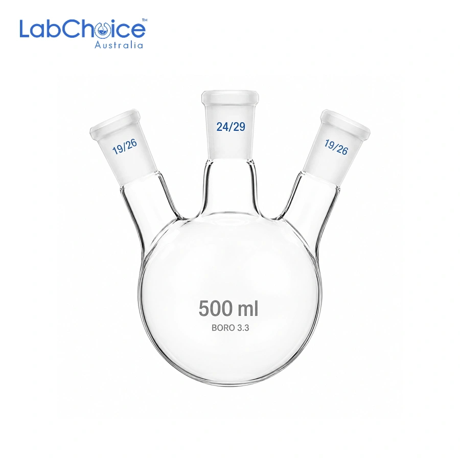 Three neck jointed round bottom flask made from borosilicate glass by LabChoice Australia for synthesis and distillation