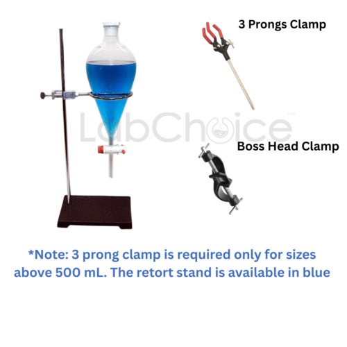 Separating funnel kit with PTFE stopcock and stainless steel retort ring made from BORO 3.3 glass, LabChoice Australia, for safe liquid liquid separation in laboratories.