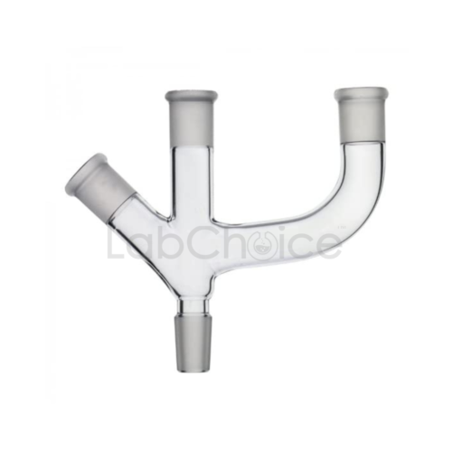Three-way glass adapter made from BORO 3.3 glass featuring two parallel vertical necks and one 45° angled side arm, used for laboratory distillation and reaction assemblies.