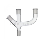 Three-way glass adapter made from BORO 3.3 glass featuring two parallel vertical necks and one 45° angled side arm, used for laboratory distillation and reaction assemblies.