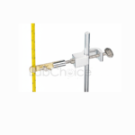 Adjustable thermometer holder clamp with bosshead attached to a retort stand rod, securing a glass thermometer during distillation, LabChoice Australia.