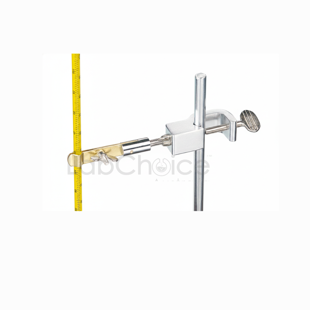 Adjustable thermometer holder clamp with bosshead attached to a retort stand rod, securing a glass thermometer during distillation, LabChoice Australia.