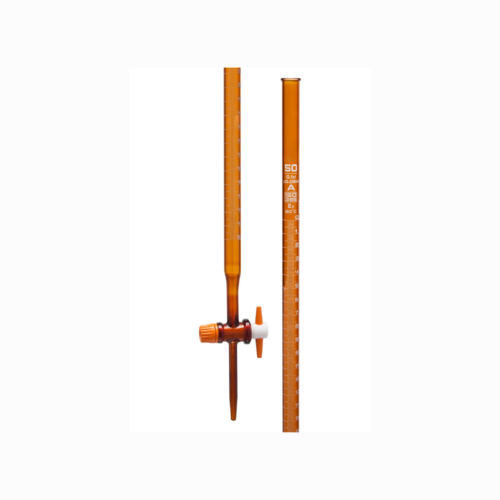 Amber Class A burette with PTFE stopcock, BORO 3.3 borosilicate glass titration burette for accurate dispensing, LabChoice Australia.