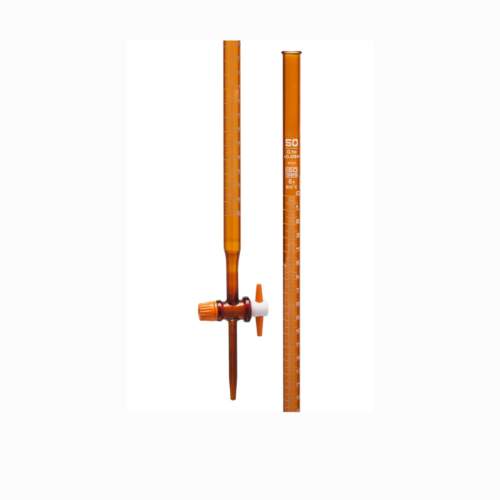 Amber Class B burette with PTFE stopcock, BORO 3.3 borosilicate glass titration burette for routine laboratory use, LabChoice Australia.