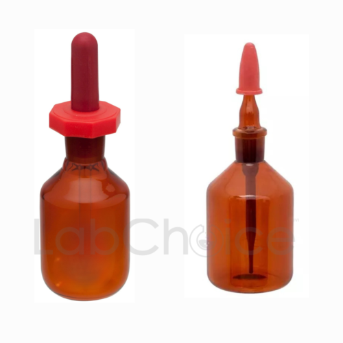 Amber Dropping Bottle with Pipette, BORO 3.3 borosilicate glass, LabChoice Australia, for controlled dropwise dispensing of light-sensitive reagents.