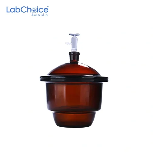 Amber glass vacuum desiccator with lid, BORO 3.3 borosilicate, for drying and storage of moisture-sensitive samples, LabChoice Australia.
